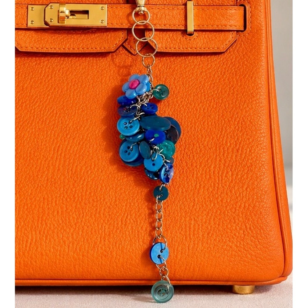 Blue Button Bag Charm‎ Keychain Handmade Cluster Flower Accessory Silver Tone